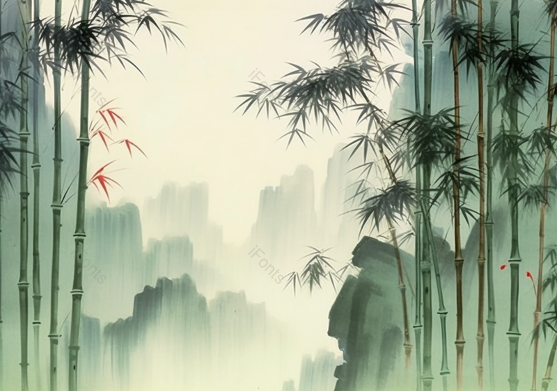 手绘国风意境彩色的竹子竹林竹叶山水风景文艺插画,插画/手绘图,插画/手绘图库,插画/手绘图下载,插画/手绘